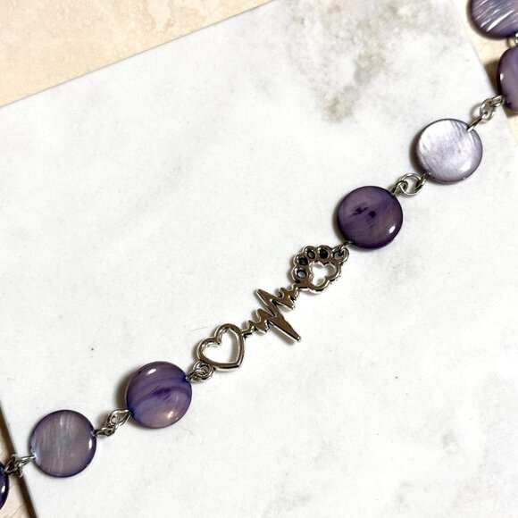Purple Mother of Pearl Beaded Short Necklace + Paw Print Heart Beat Pendant - Picture 6 of 13